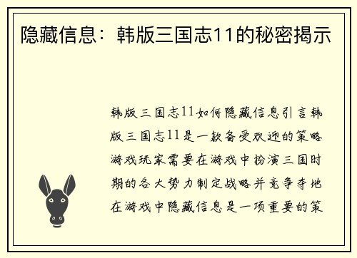 隐藏信息：韩版三国志11的秘密揭示